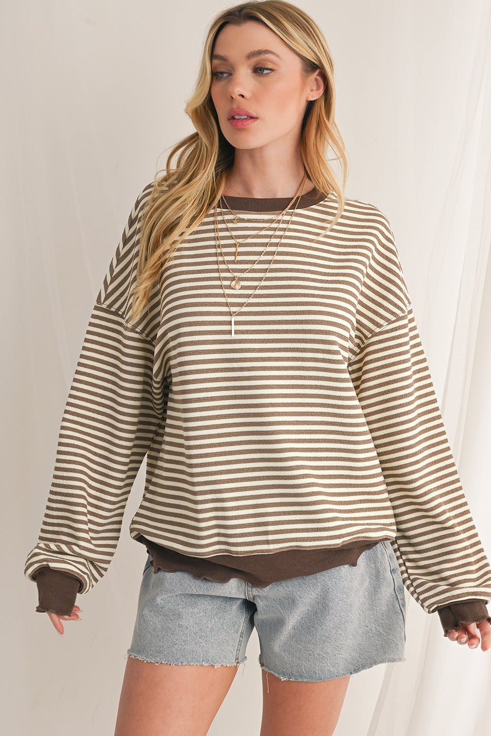 Brown Stripe Drop Shoulder Long Sleeve Top