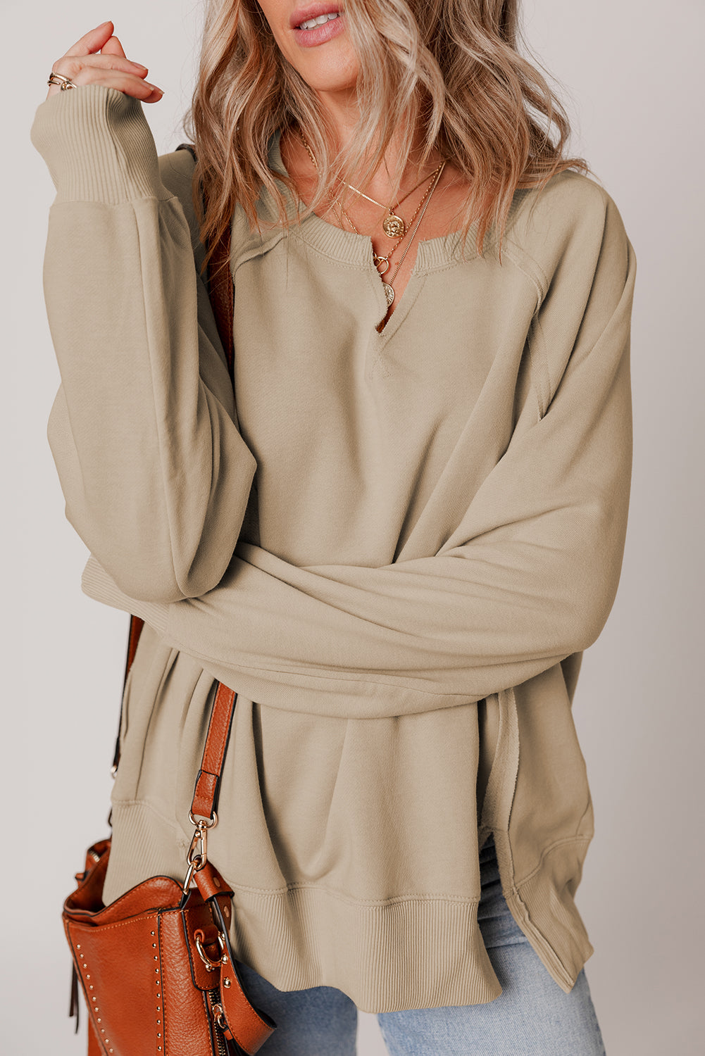 Parchment Raw Edge Exposed Seam Raglan Sleeve Side Slit Sweatshirt