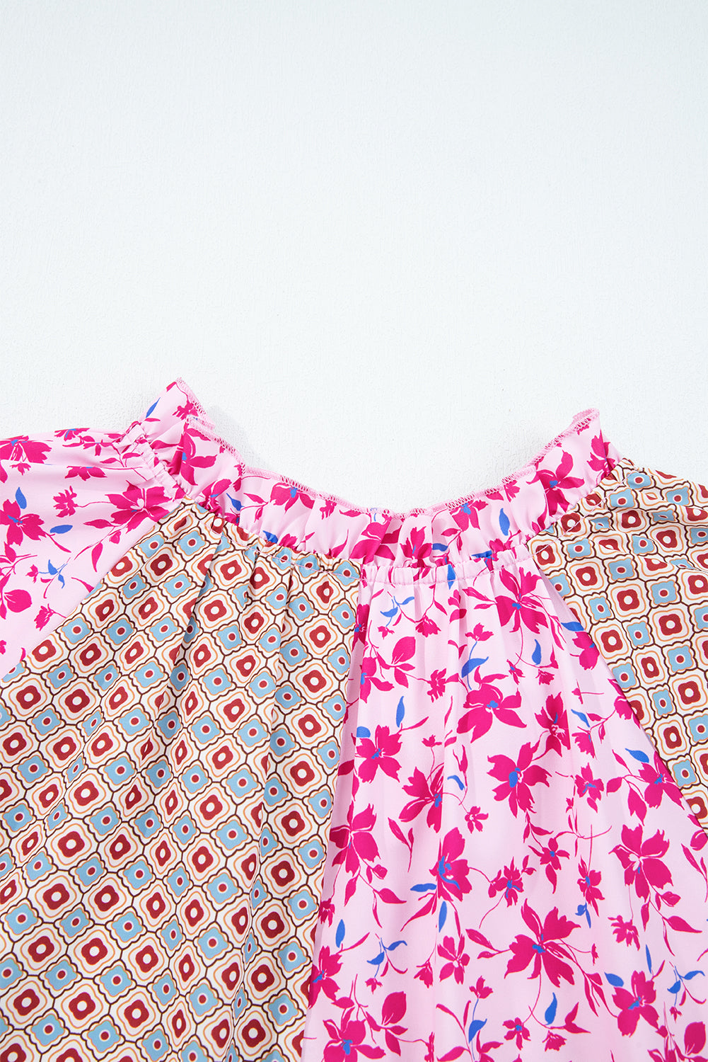 Pink Boho Mixed Floral Patchwork Drop Shoulder Bubble Sleeve Blouse