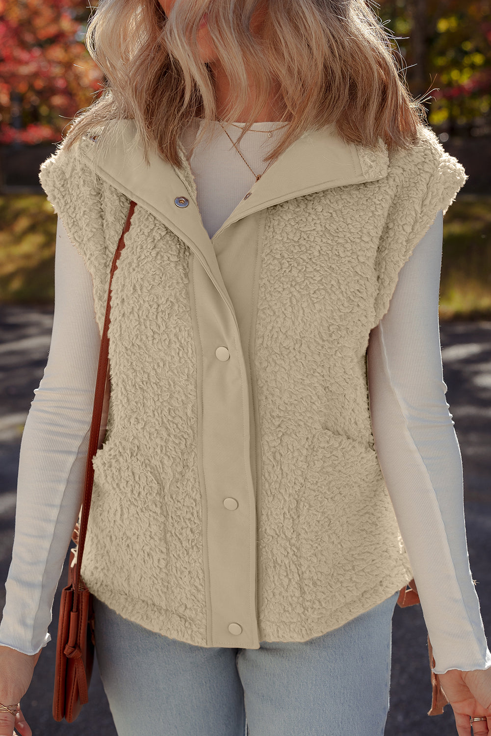Beige Faux Fur Snap Button Front Knot Side Plush Vest