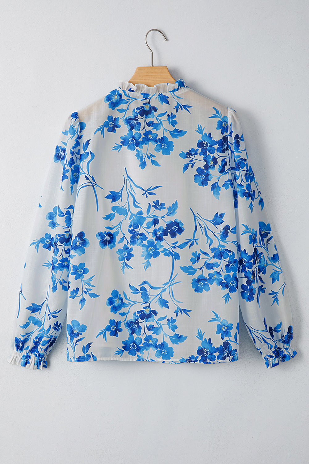 Blue Floral Long Sleeve Lace-up V Neck Blouse