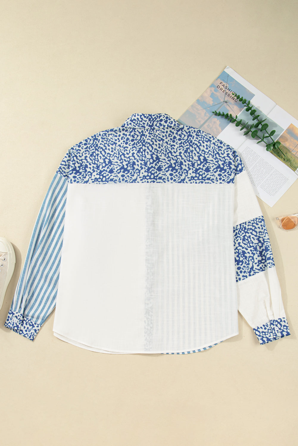 Chemise décontractée à rayures léopard bleu ciel et patchwork