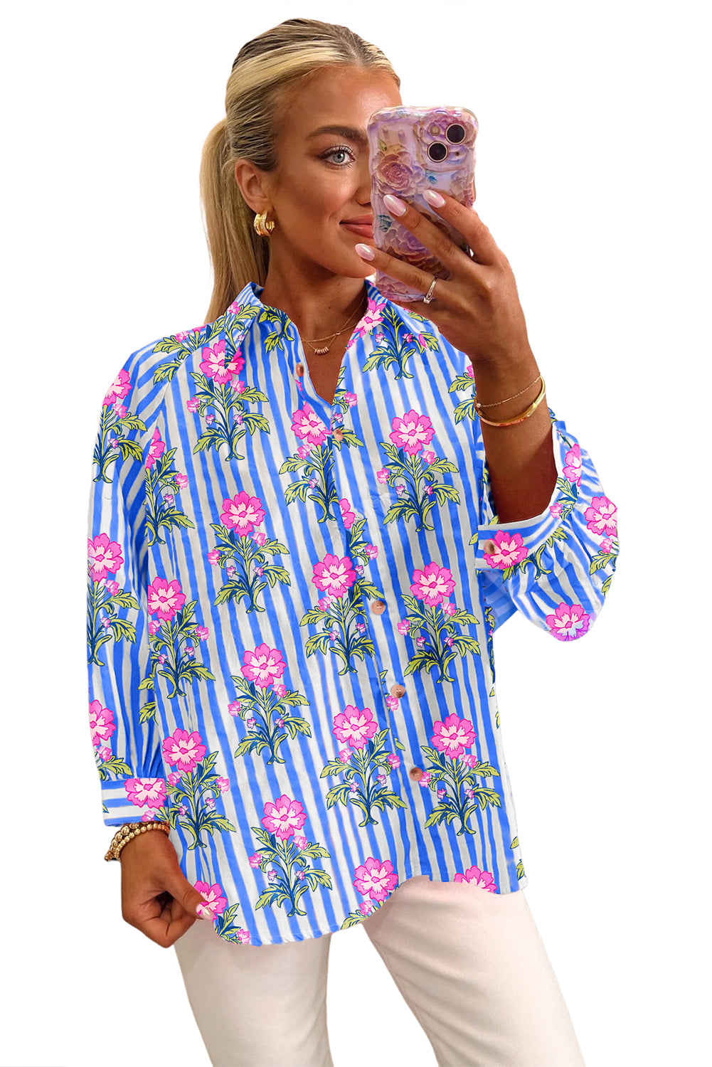 Blue Striped Floral Print Loose Fit Shirt