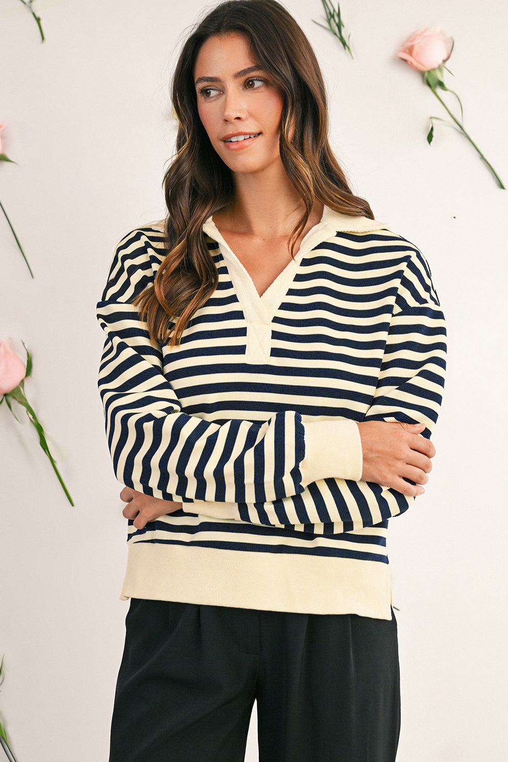 Blue Striped Long Sleeve V Neck Top