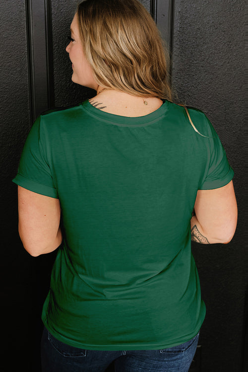 T-shirt grande taille vert foncé à col rond et manches retroussées