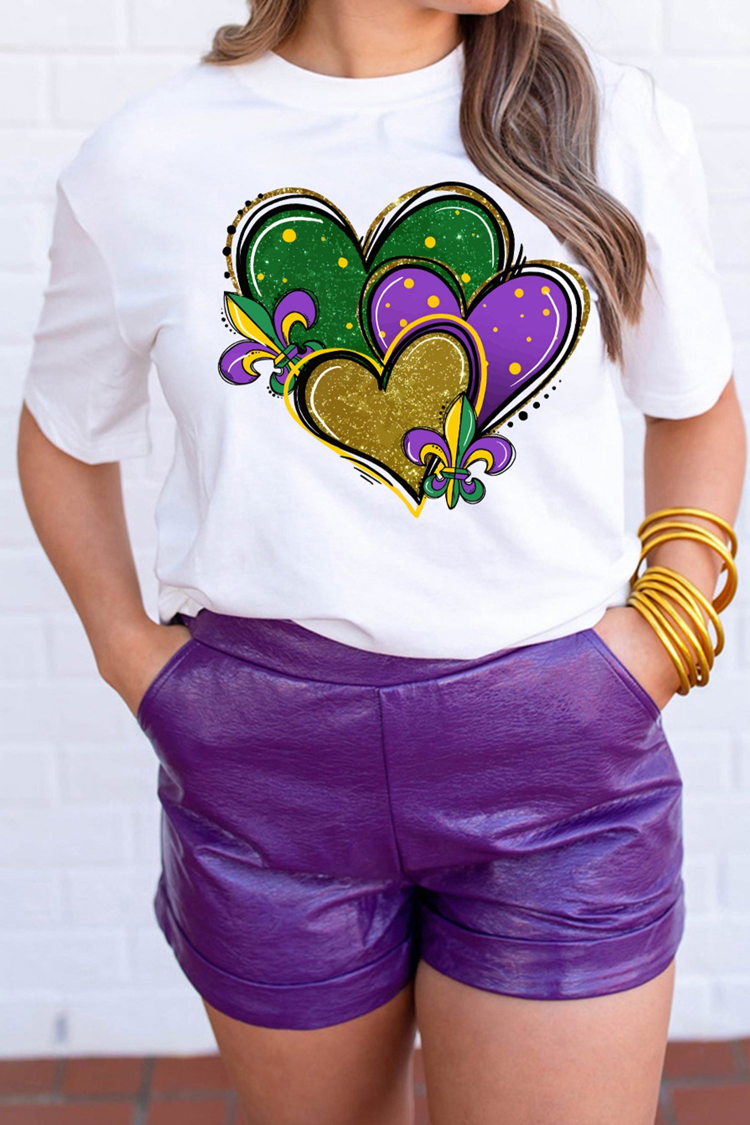 White Mardi Gras Tricolor Heart Print Womens Casual Tee