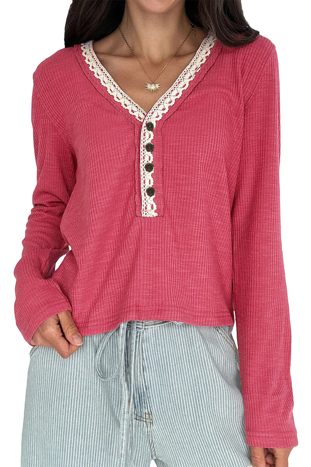 Racing Red Lace Detail V Neck Patchwork Ribbed Top