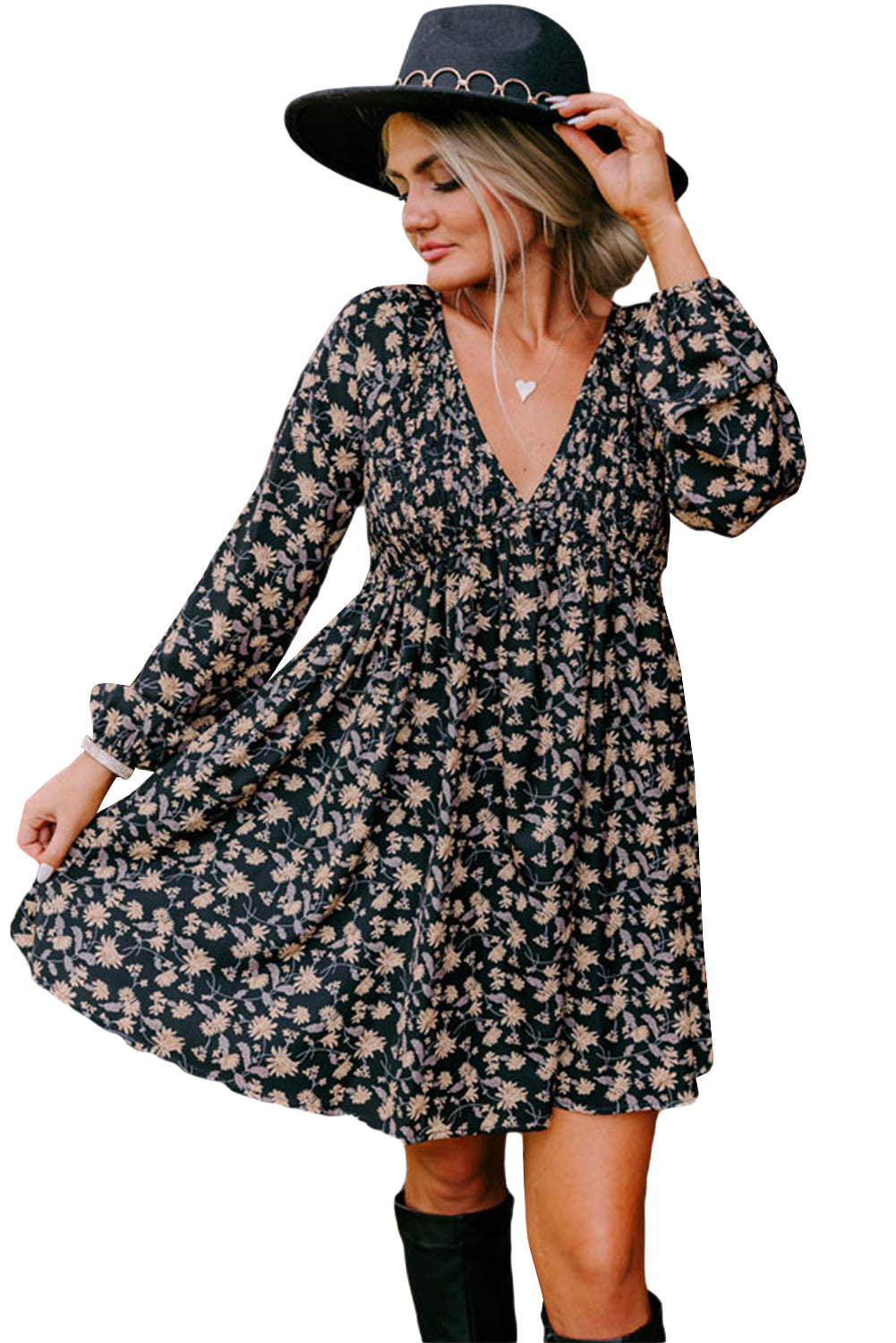 Robe babydoll noire à fleurs et col en V, manches bouffantes