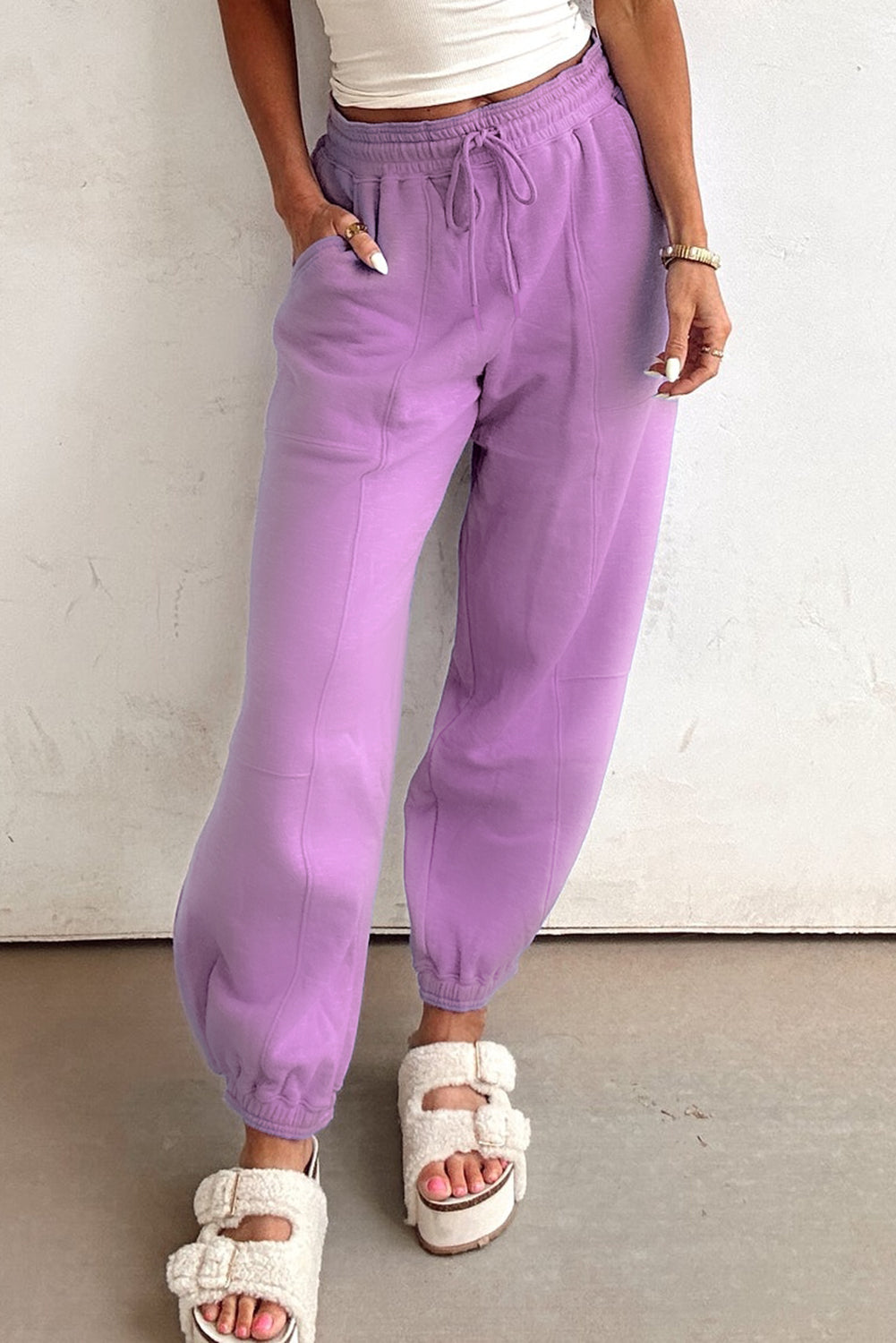Pantalon de jogging patchwork de couleur unie avec taille élastique et lien lilas