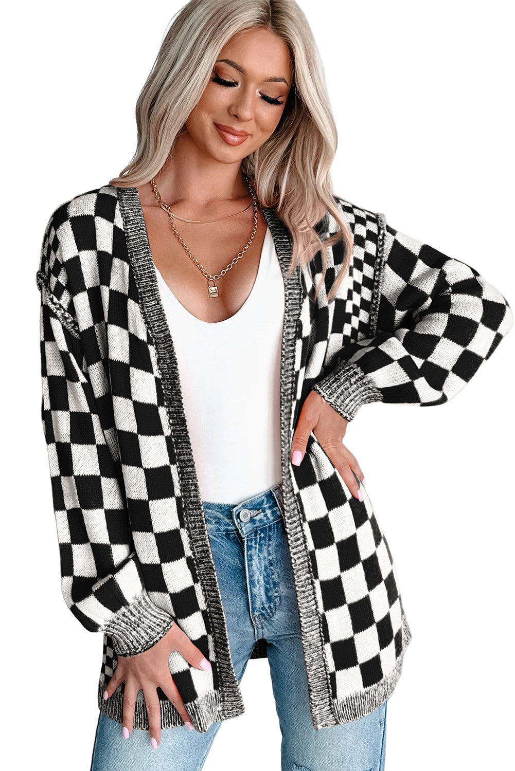 Brown Checkered Open Front Drop Shoulder Cardigan