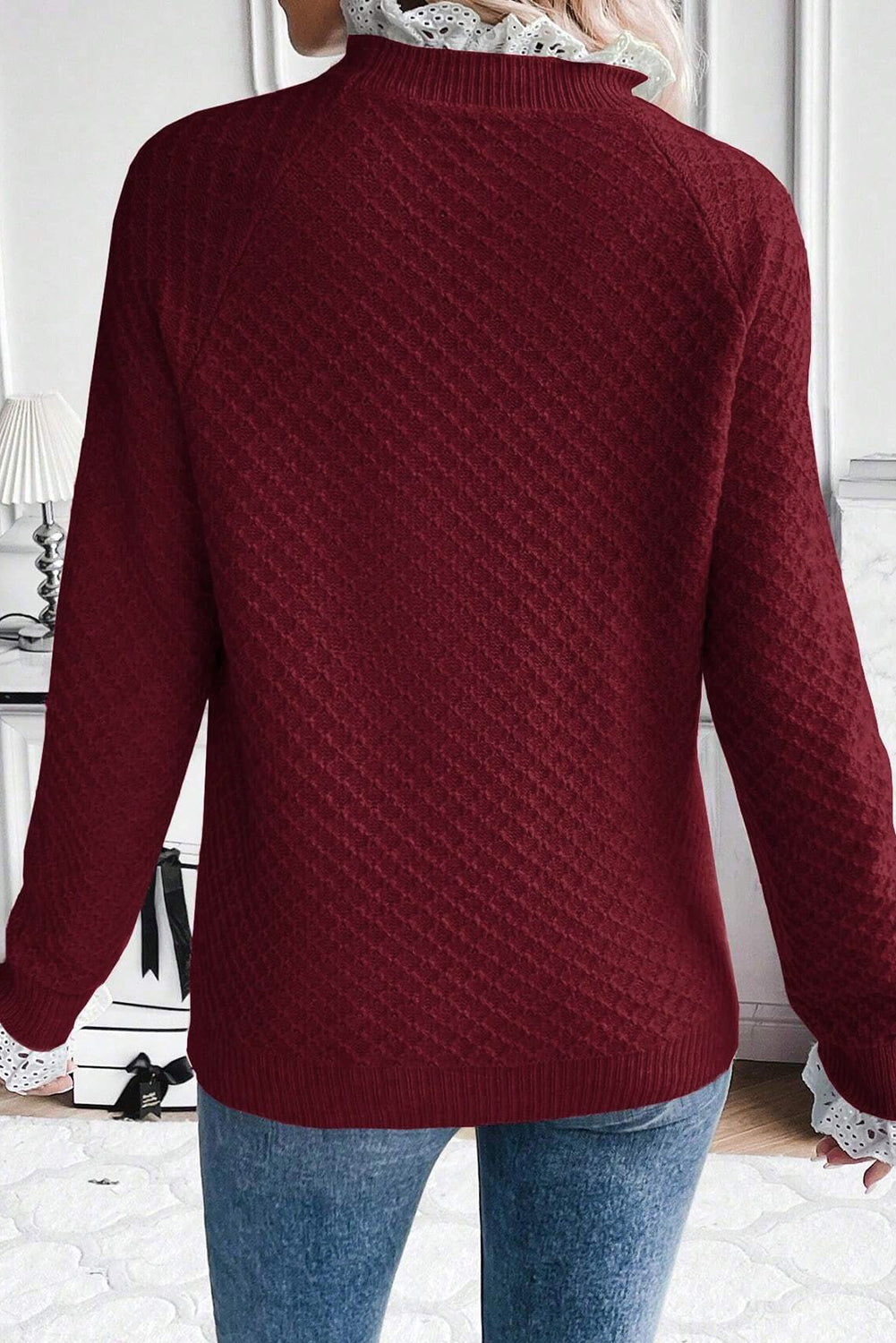 Burgundy Contrast Lace Frill Trim Raglan Sleeve Sweater