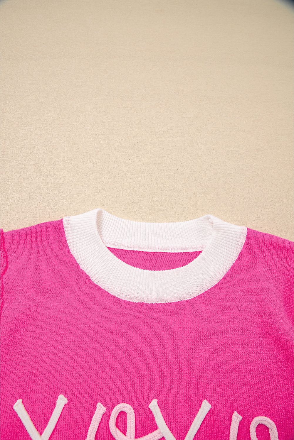 Bright Pink XOXO Embroidered Graphic Valentines Contrast Trim Crew Neck Short Puff Sleeve Sweater Tee