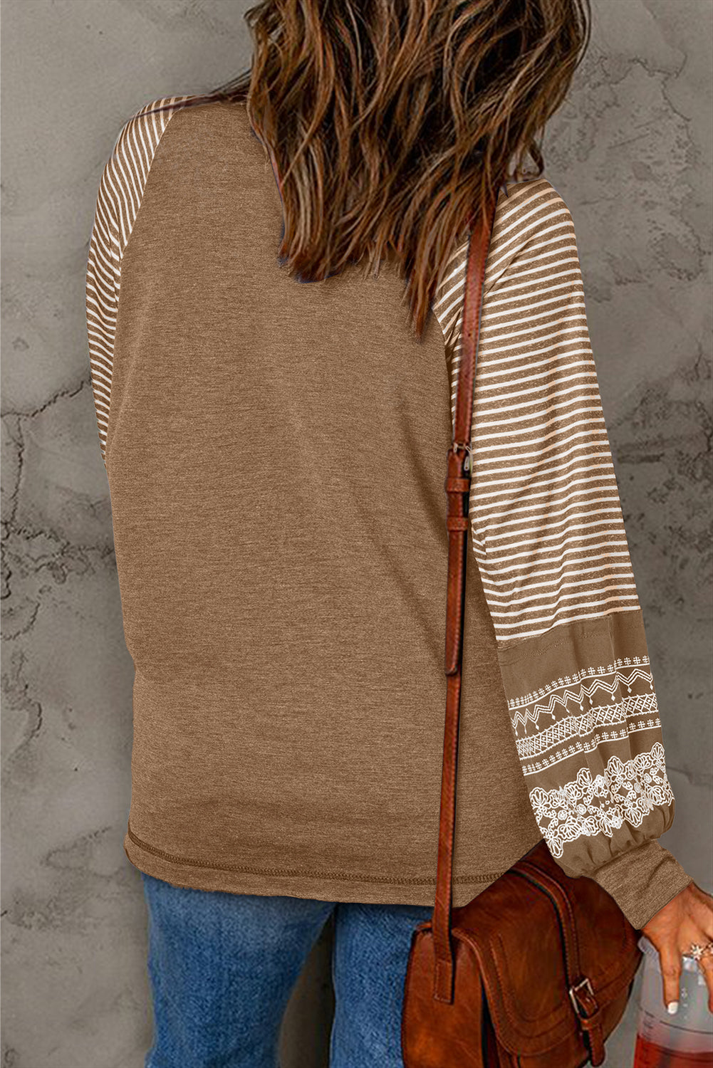 Medium Grey Contrast Print Striped Raglan Long Sleeve Loose Top