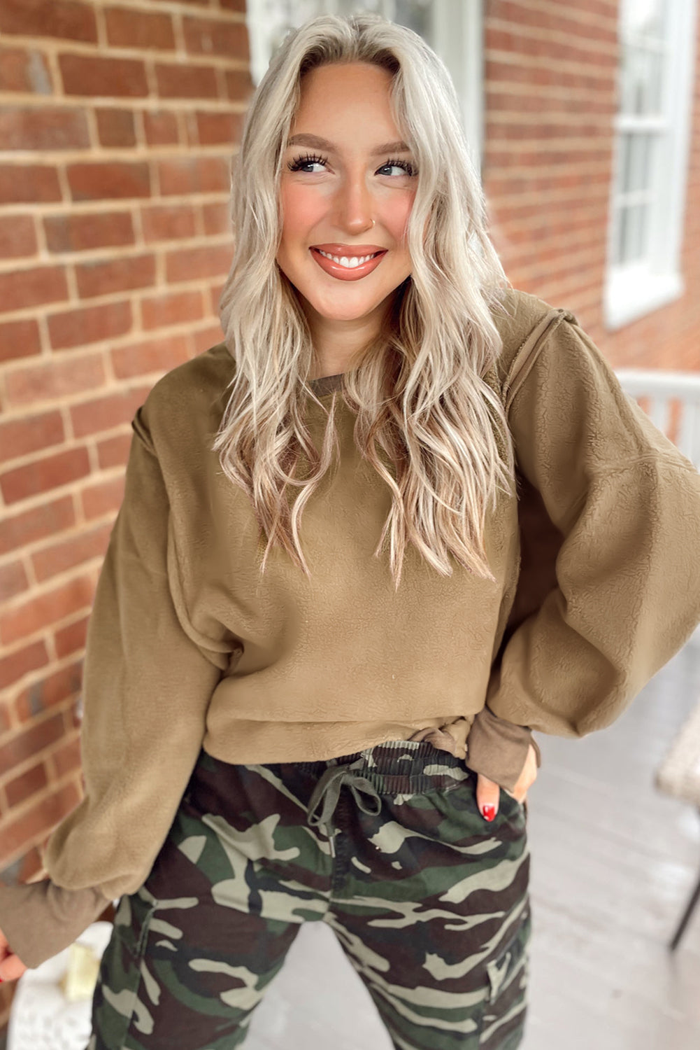 Sweat-shirt à enfiler en sherpa duveteux kaki foncé