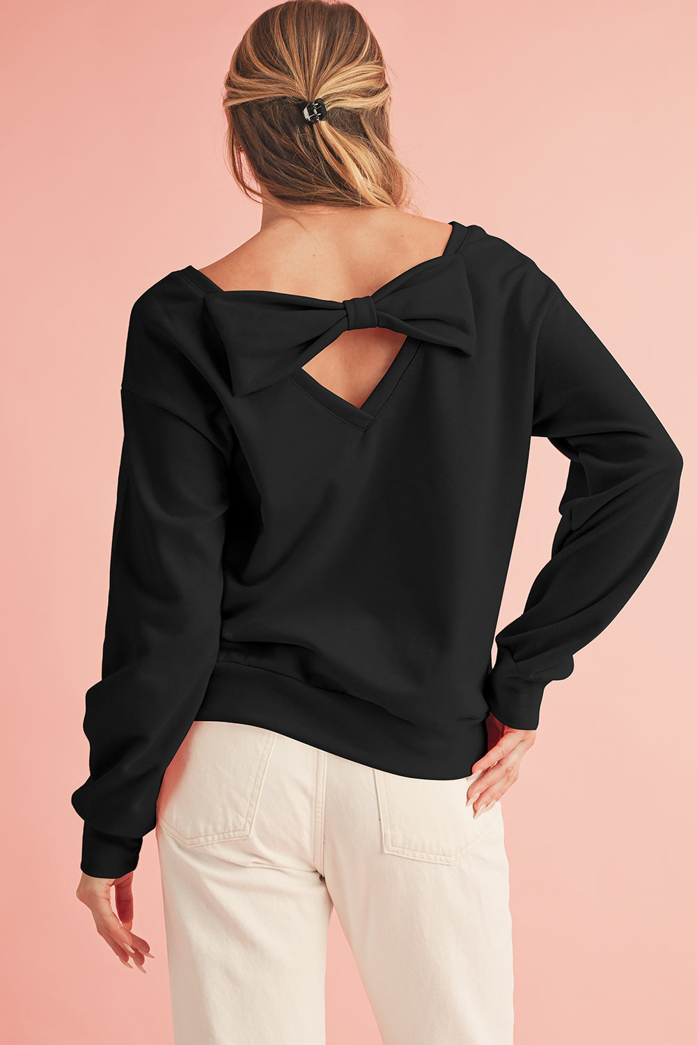 Apricot Bowknot Plain Round Neck Sweatshirt