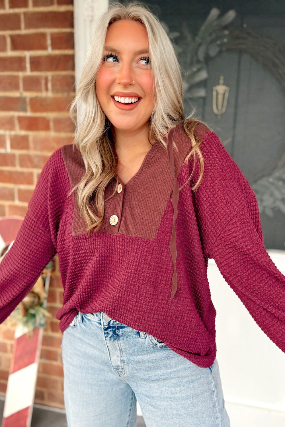 Racing Red Waffle Patchwork Drop Shoulder Hooded Long Sleeve Top