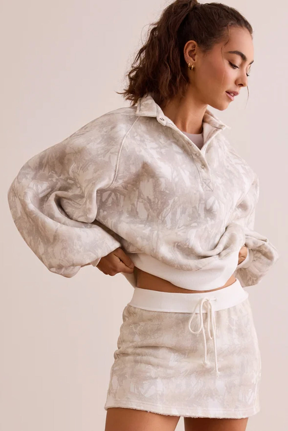 White Abstract Woodland Print Balloon Sleeve Pullover Drawstring Mini Skort Set