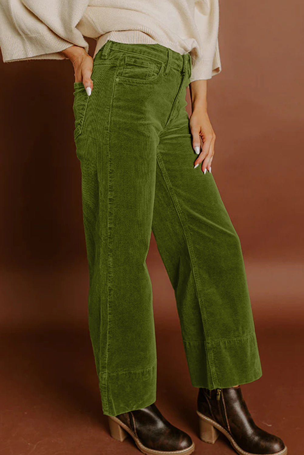 Vineyard Green Corduroy Solid Color High Waist Wide Leg Pants