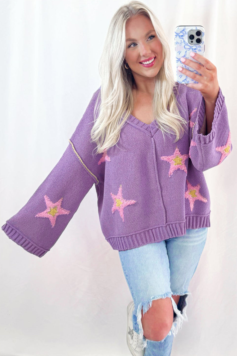 Pull oversize à col en V et épaules tombantes, motif étoile brossé Lavendula
