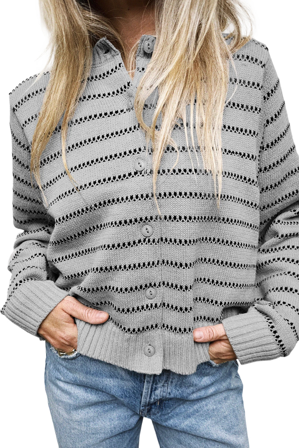 Gray Stripe Button Front Ribbed Trim Short Cardigan