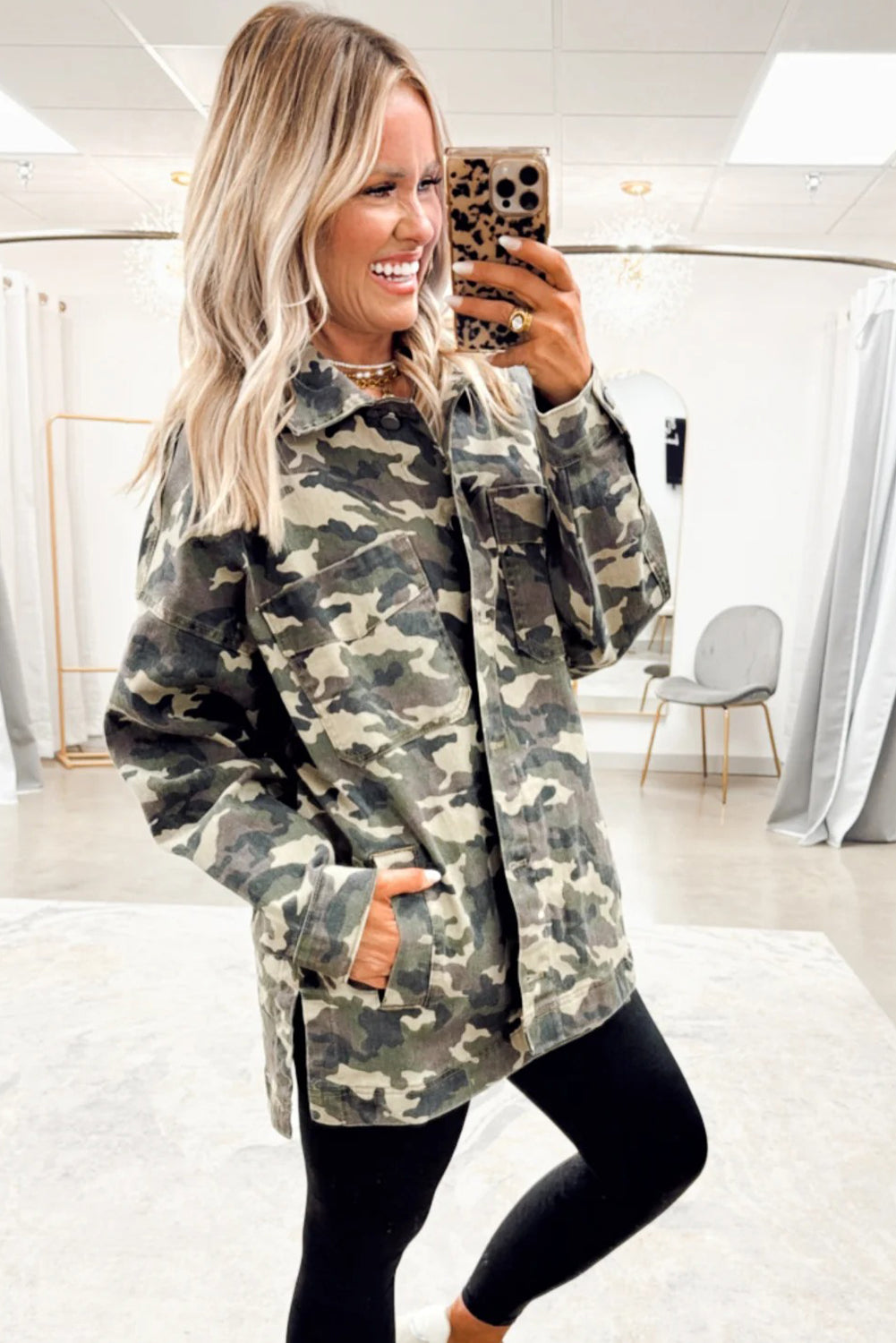 Green Camo Chest Pockets Loose Denim Jacket