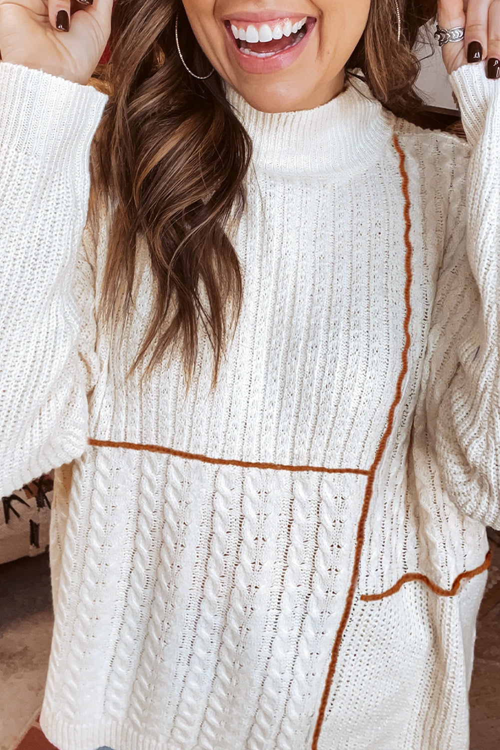 White Mix Texture Patchwork Contrast Stitch Mock Neck Sweater