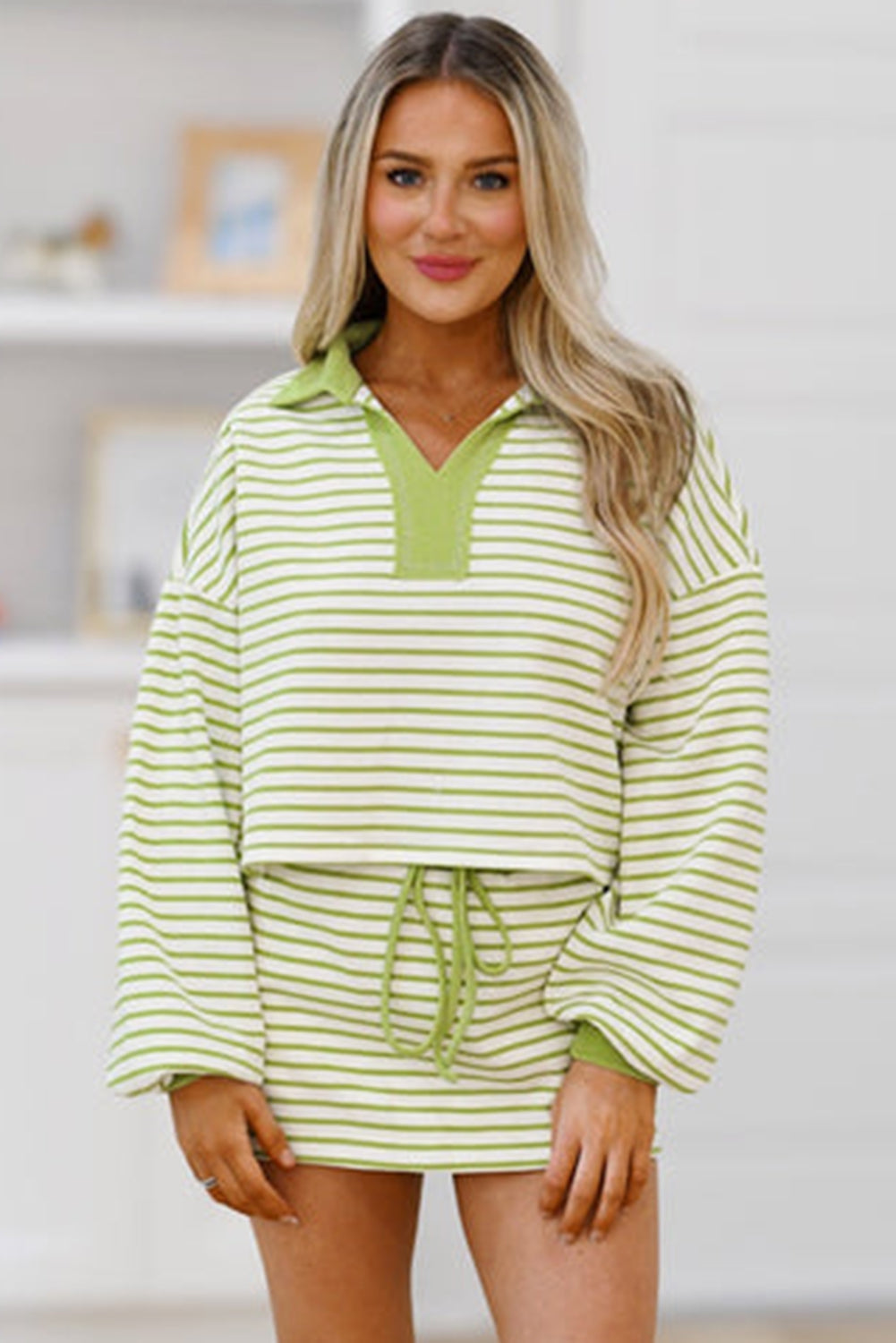 Green Striped Collared V Neck Drop Shoulder Pullover and Skirt Set