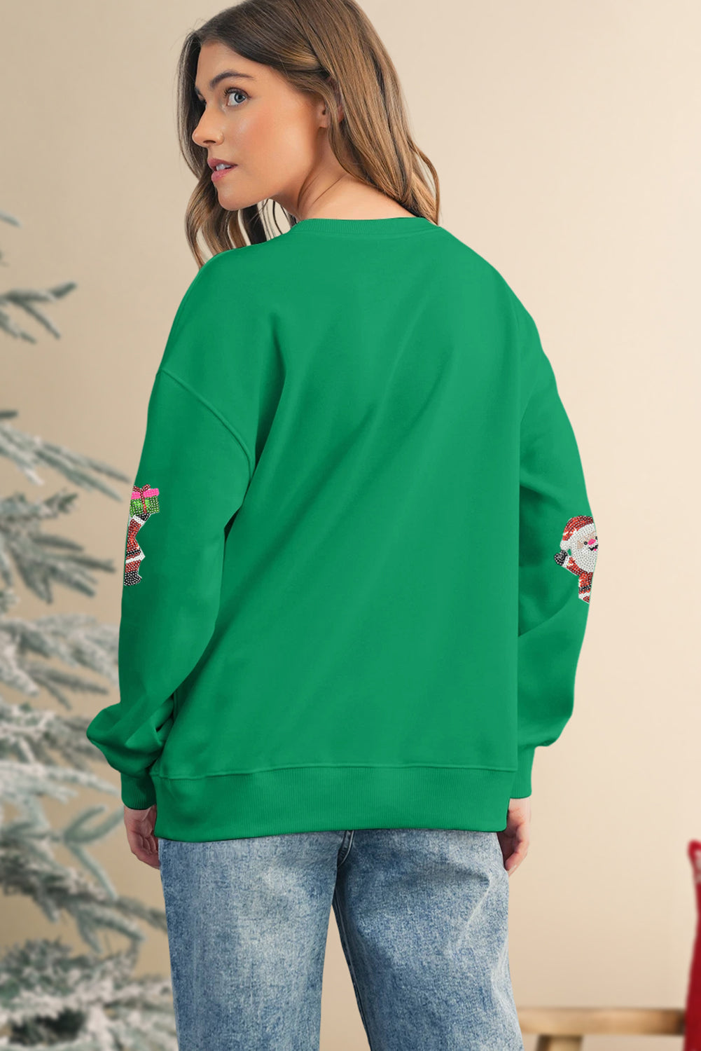 Dark Green Santa Delivering Gifts Christmas Sequin Graphic Sweatshirt