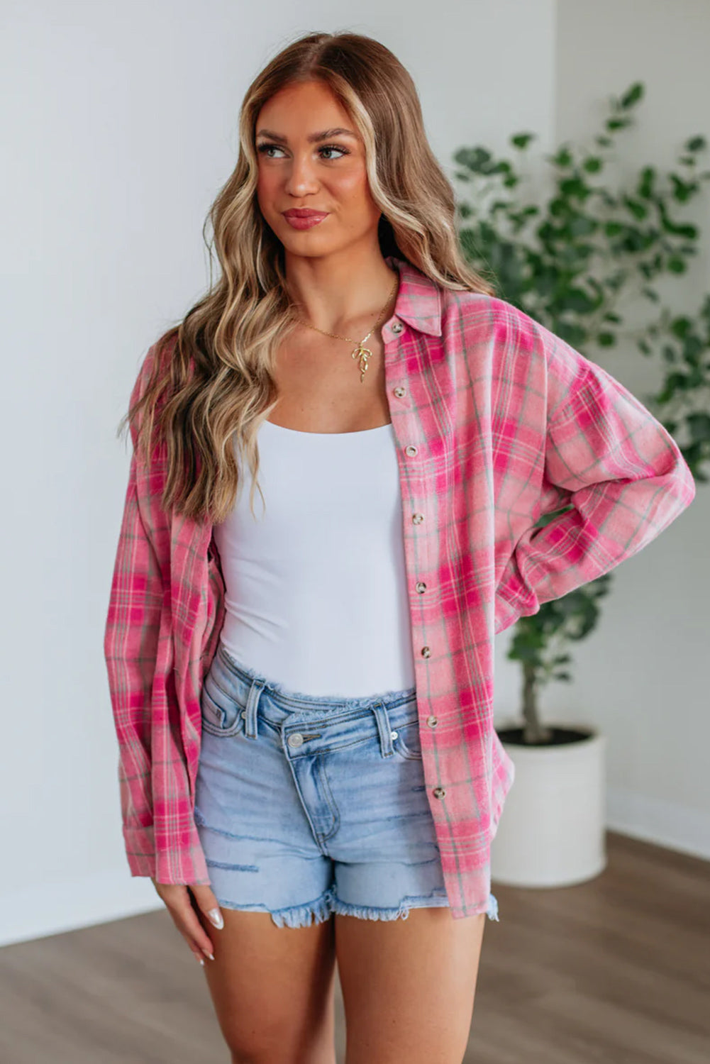 Sachet Pink Plaid Rounded Hem Long Sleeve Shirt
