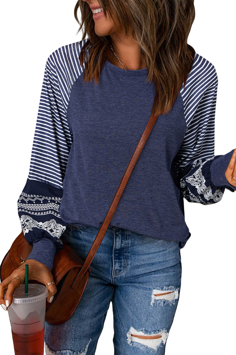 Medium Grey Contrast Print Striped Raglan Long Sleeve Loose Top