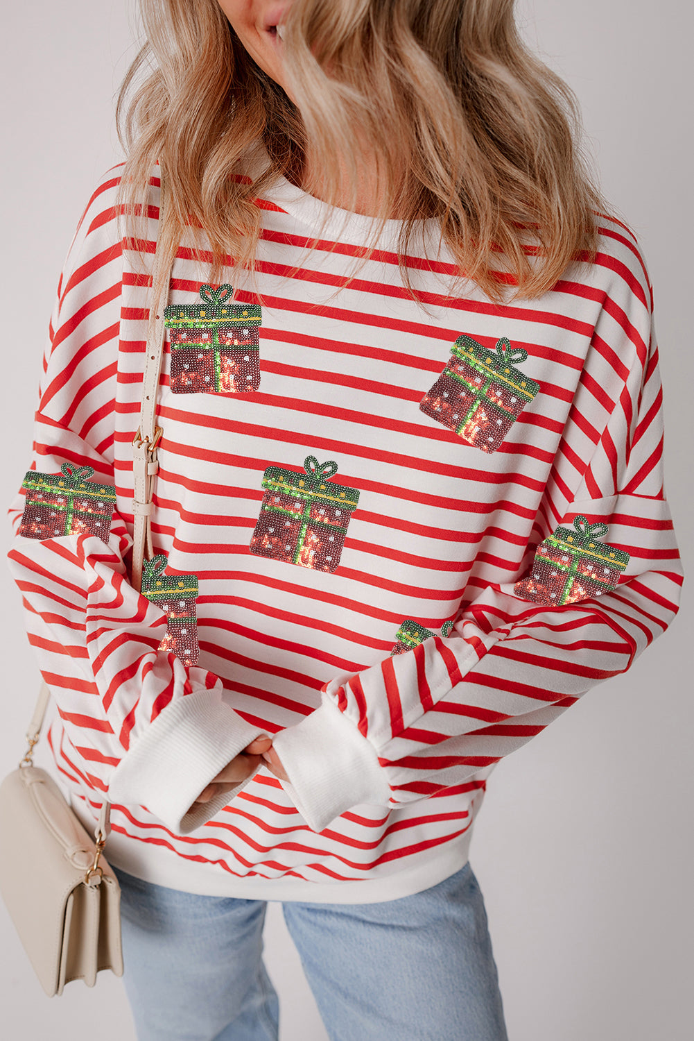 Orange Stripe Sequin Christmas Gift Patched Drop Shoulder Sweatshirt