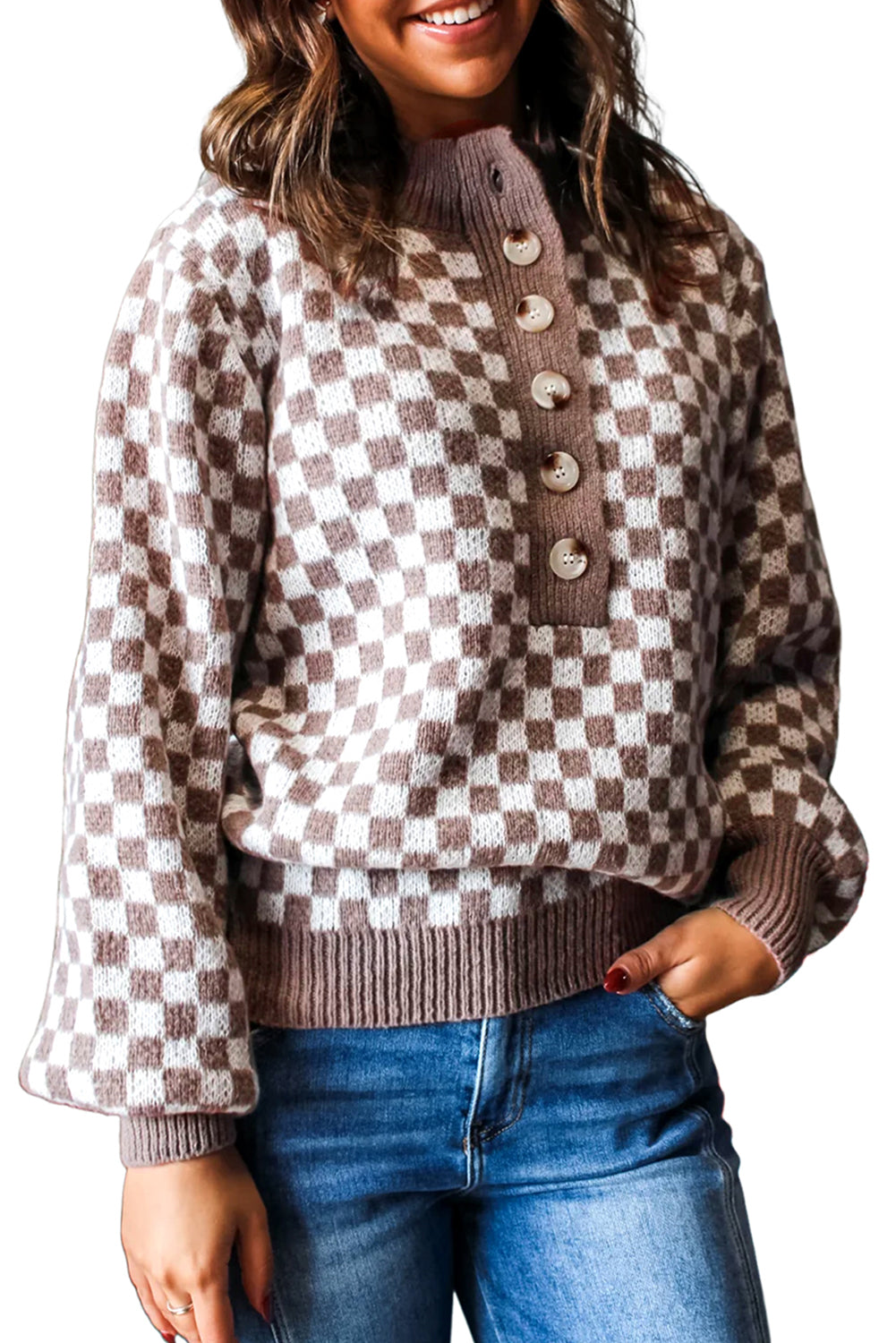 Dark Brown Plaid Contrast Trim Button Neck Sweater