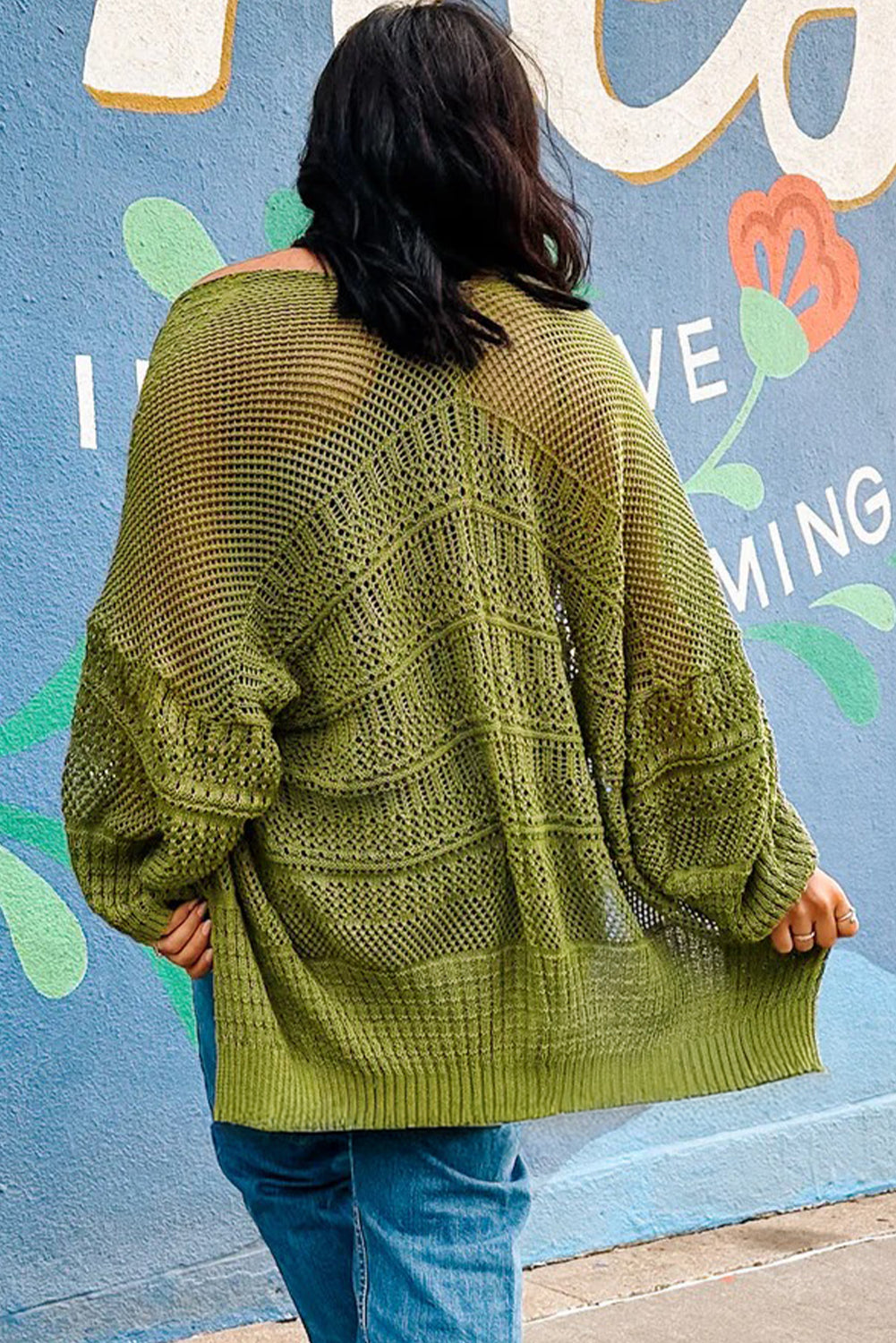 Spinach Green Oversize Crochet Knit Open Cardigan