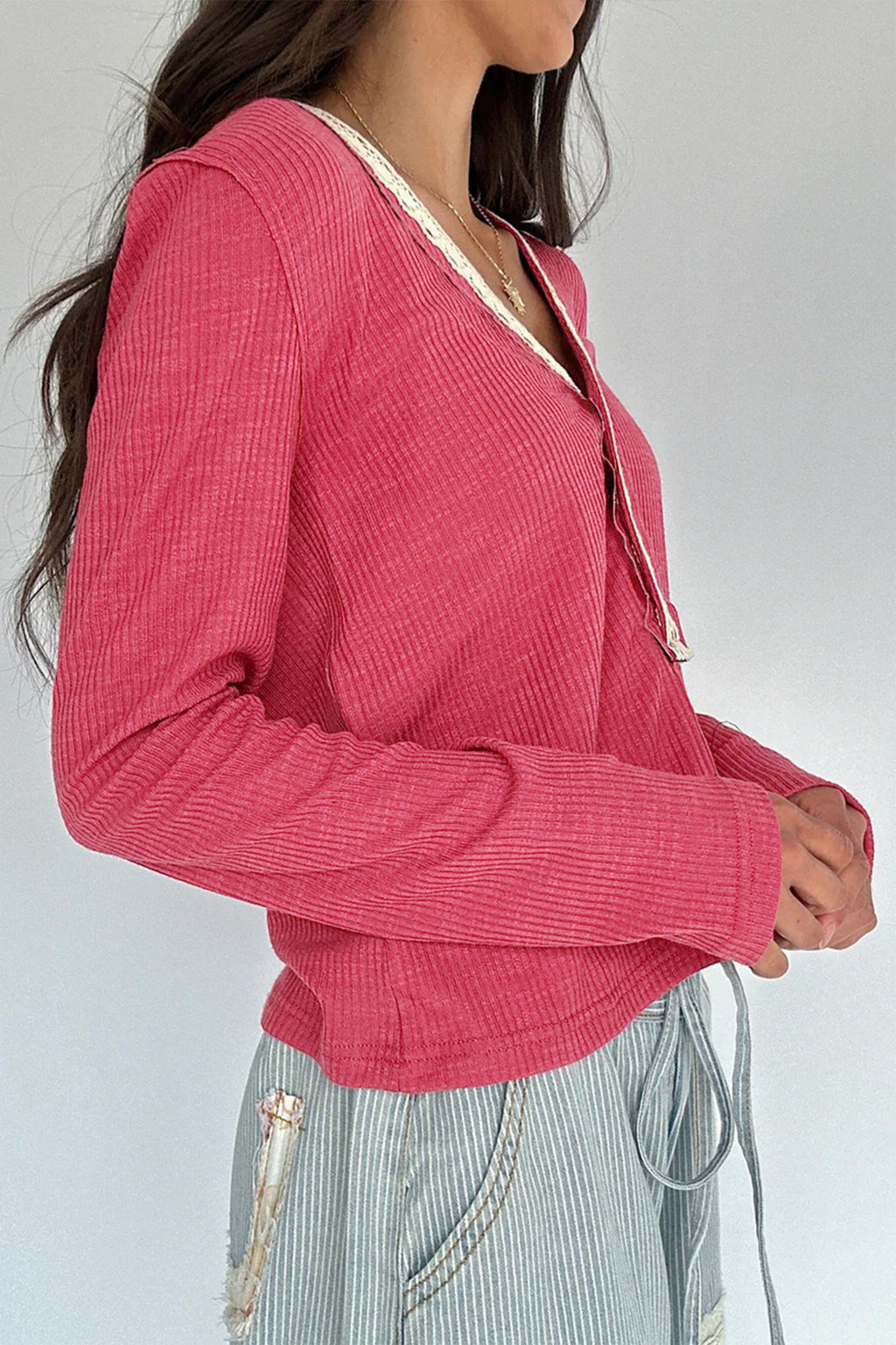 Racing Red Lace Detail V Neck Patchwork Ribbed Top