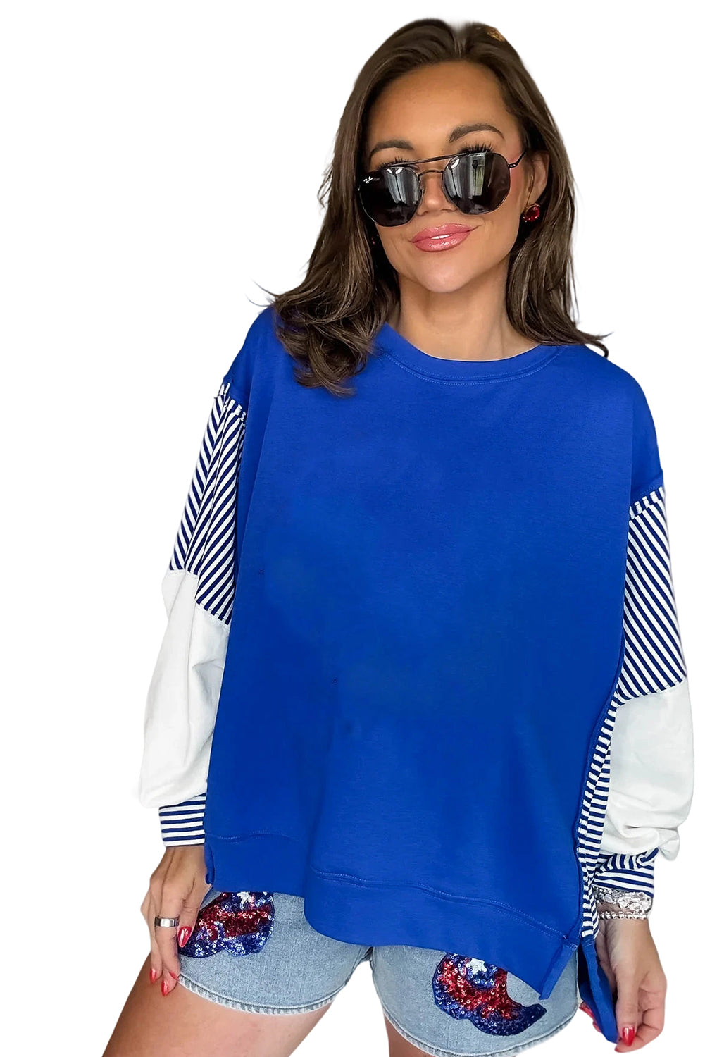 Dark Blue Striped Patchwork Sleeve Colorblock Sweatshirt