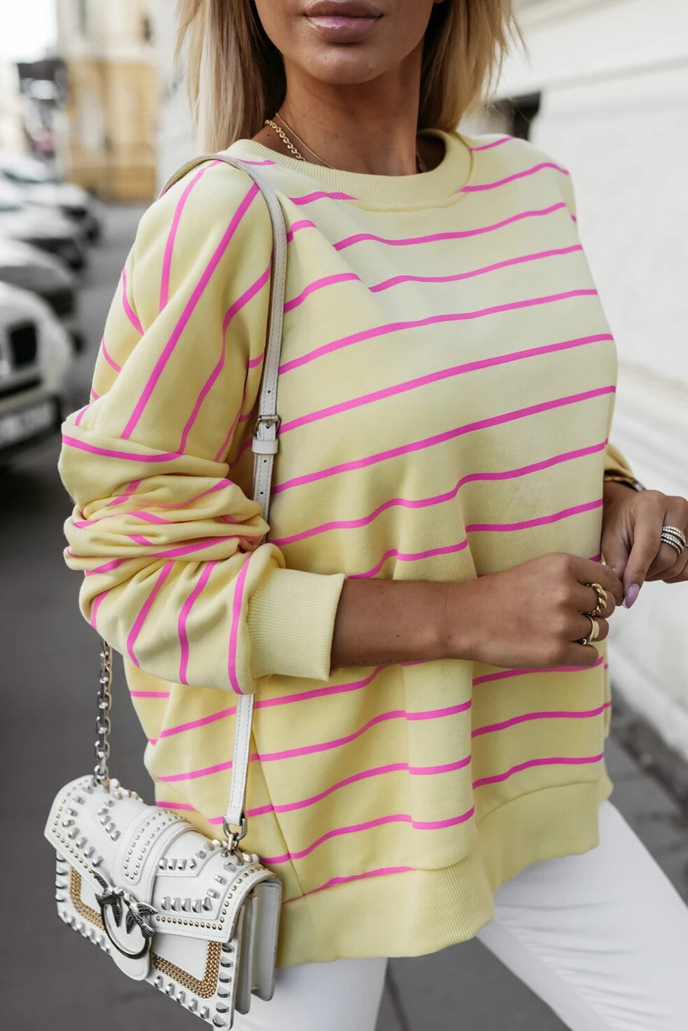 Blue Striped Overlap Detail Drop Shoulder Pullover Sweatshirt