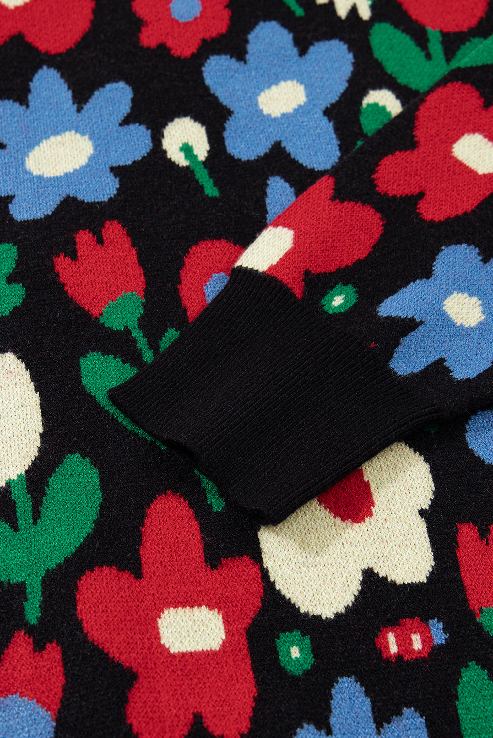 Black Vibrant Floral V Neck Knit Cardigan