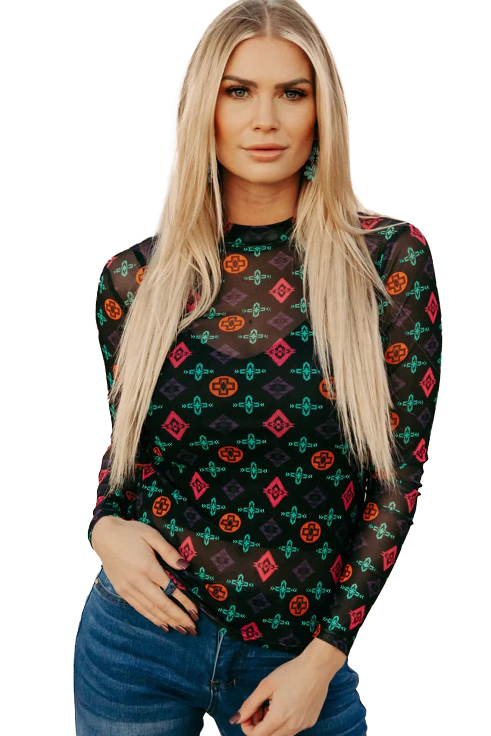 Black Western Aztec Printed Long Sleeve Mesh Top