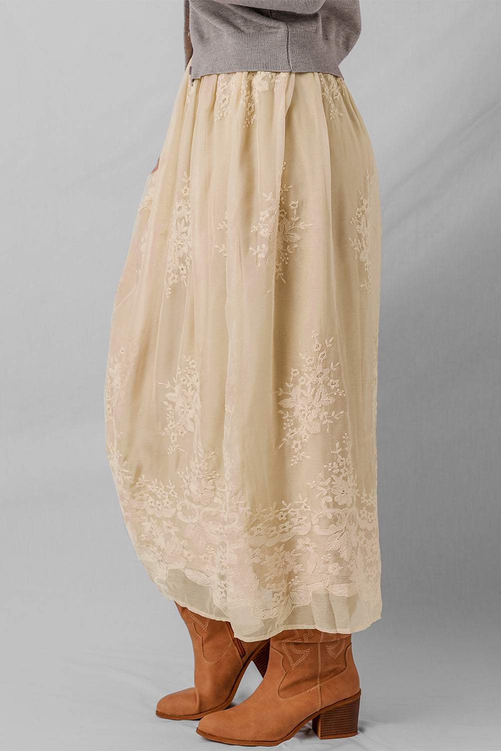 Oatmeal Embroidered Mesh Overlay Flowy Long Skirt