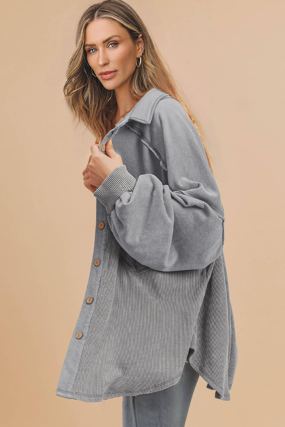 Medium Grey Waffle Knit Patchwork Exposed Seam Loose Shacket