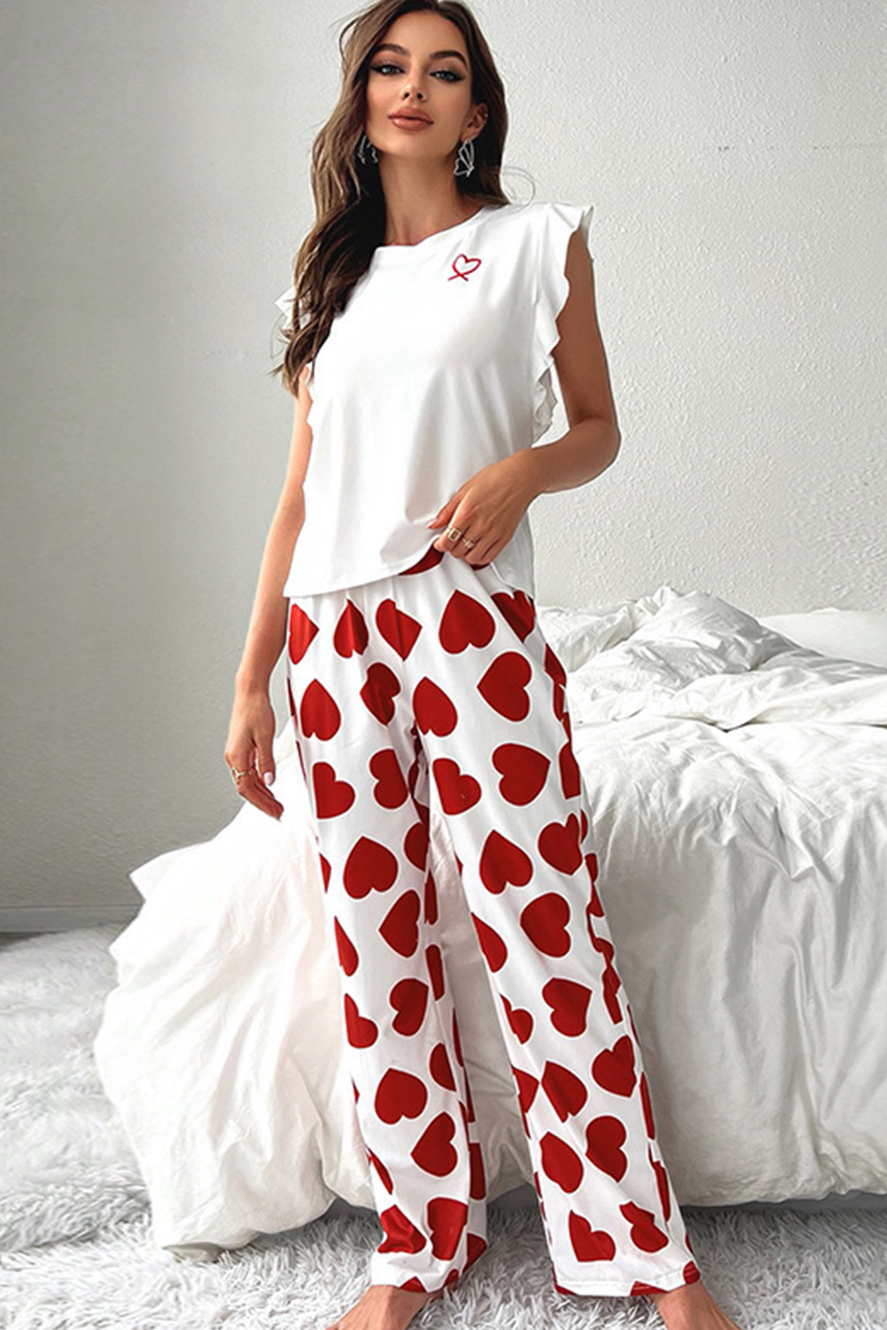 Ensemble pyjama haut sans manches et pantalon à volants imprimé coeur rose