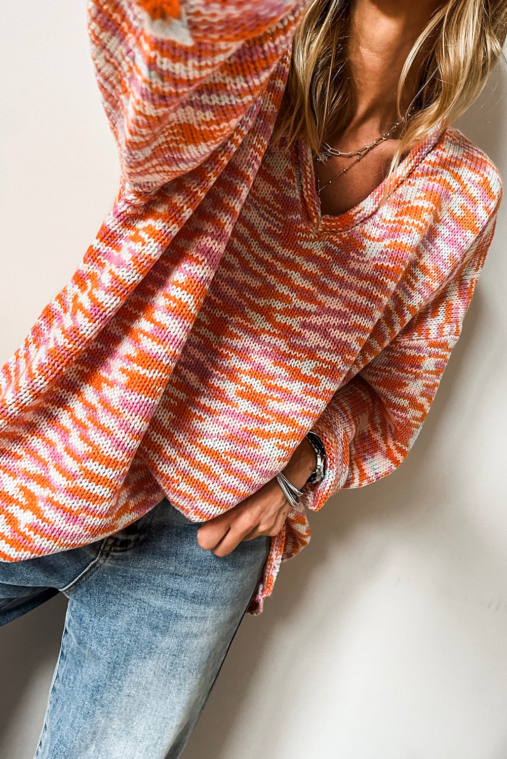 Orange Vibrant Abstract Print Drop Shoulder V Neck Oversized Sweater