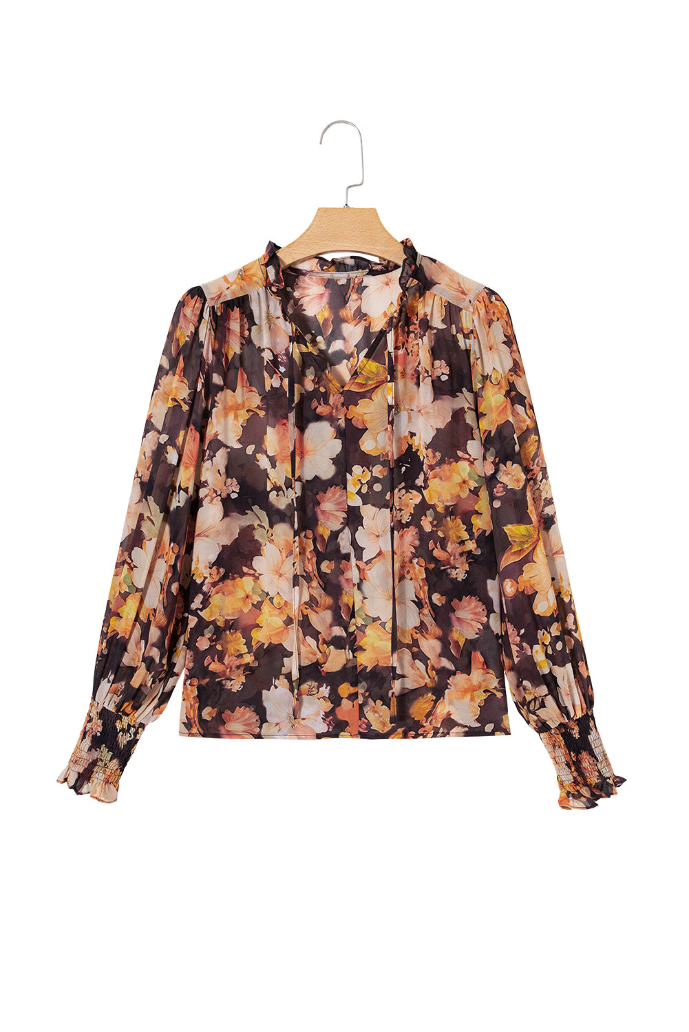 Black Floral V Neck Long Puff Sleeve Breezy Blouse