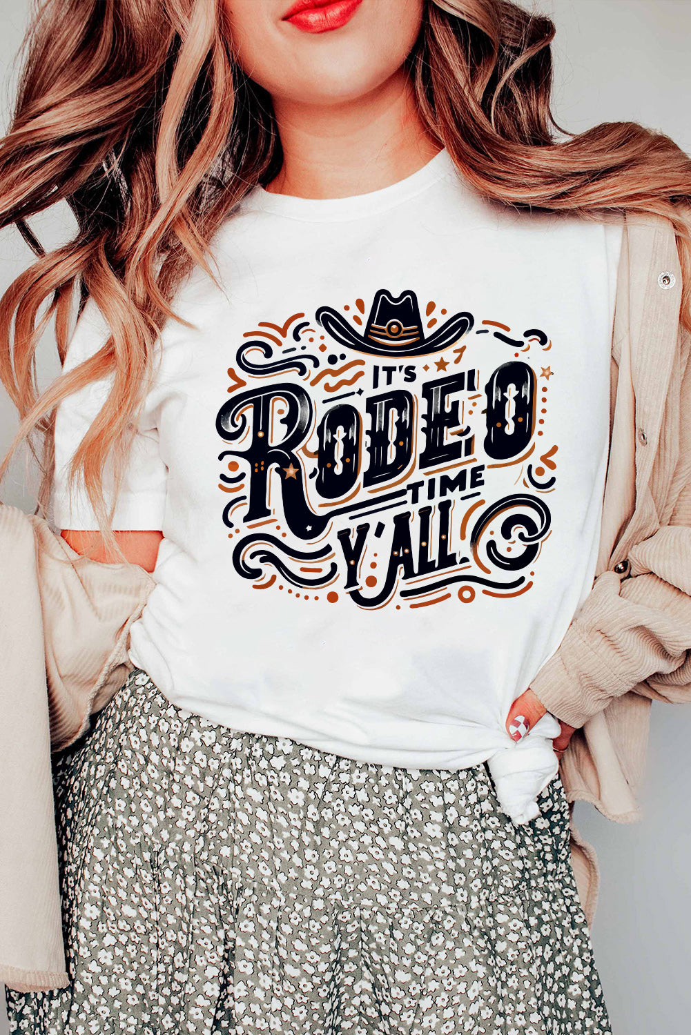 White IT'S RODEO TIME YALL Crewneck Graphic T Shirt