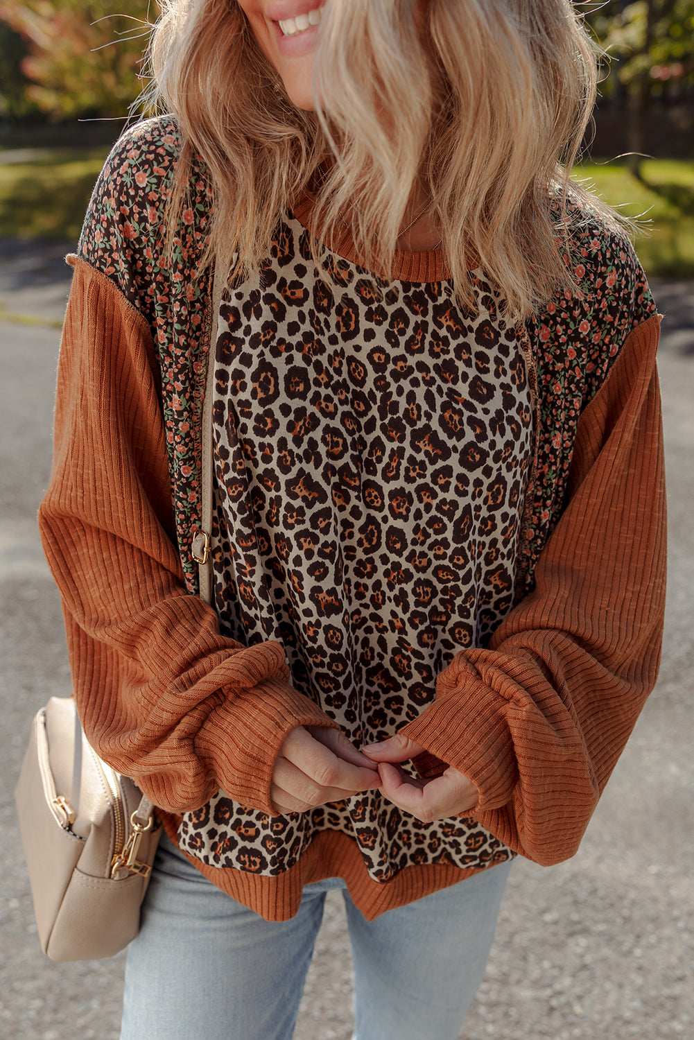 Brown Leopard Floral Print Ribbed Patchwork Puff Sleeve Loose Pullover
