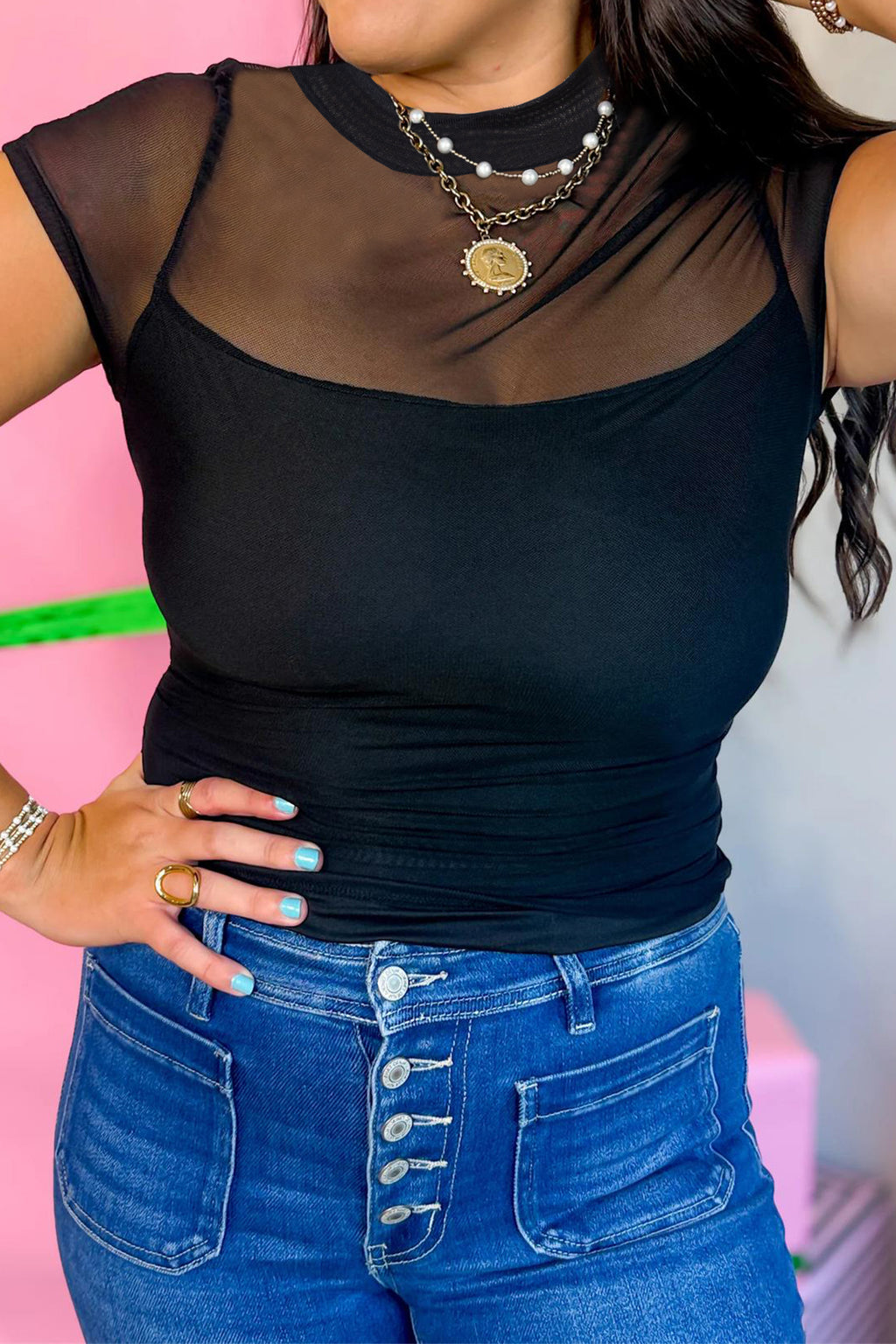 Black Sheer Mesh Patchwork Cap Sleeve T Shirt