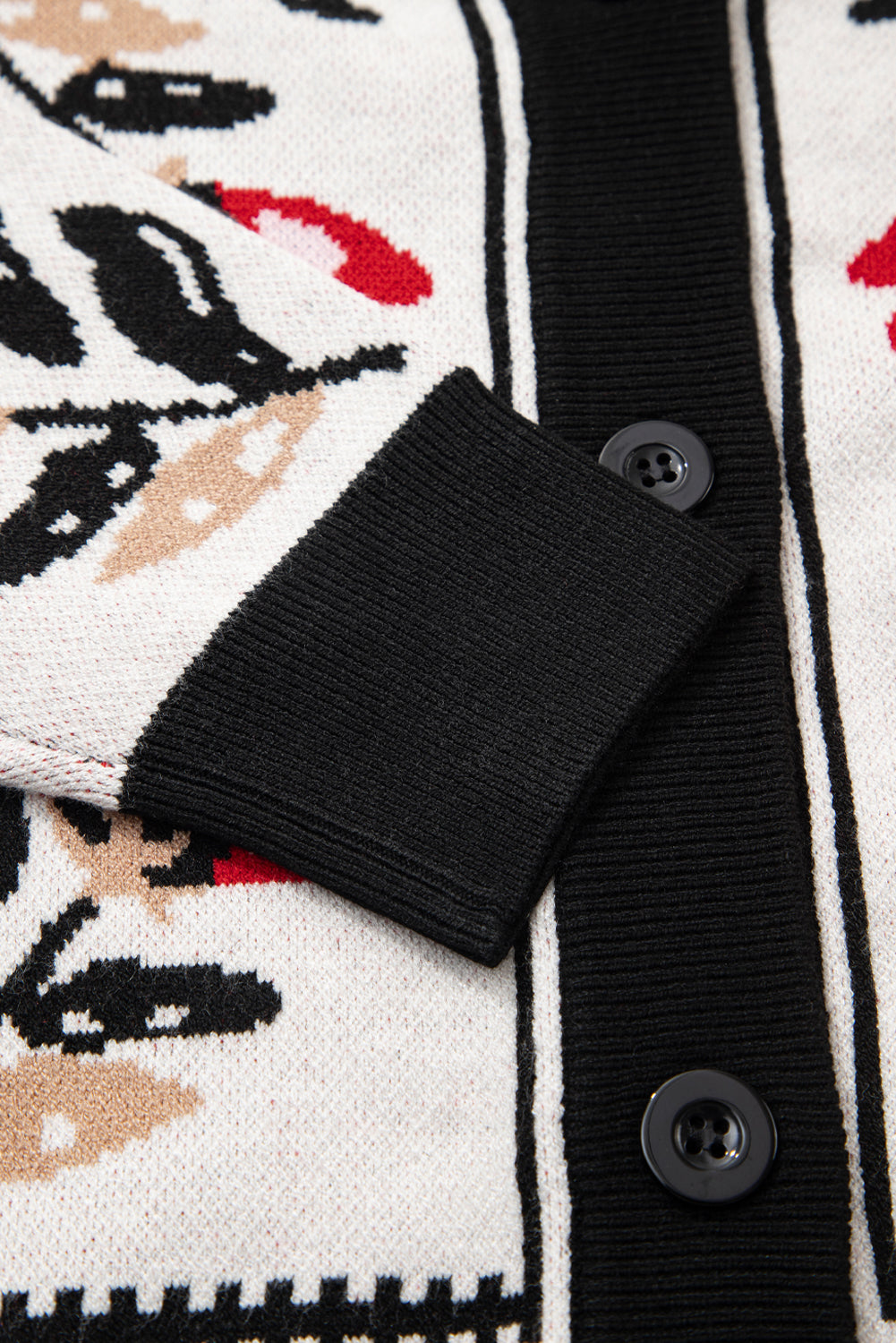 Cardigan beige à imprimé floral, boutonné sur le devant, col en V, bordure contrastée