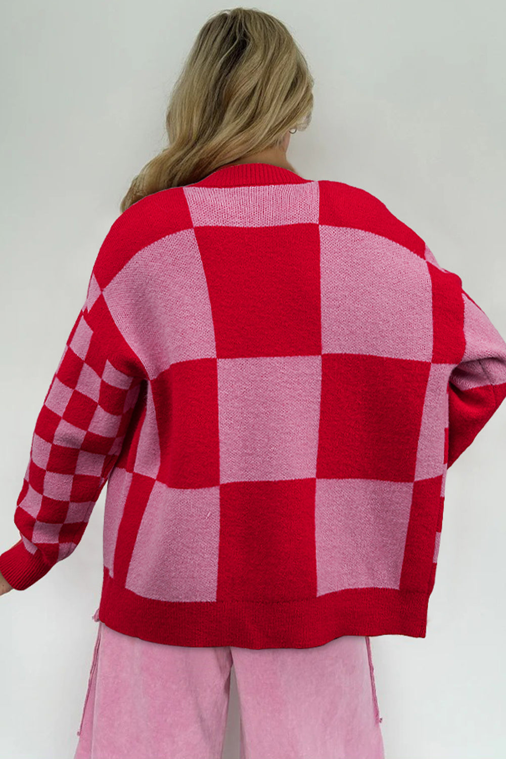 Fiery Red Colorblock Plaid Button Knit Cardigan