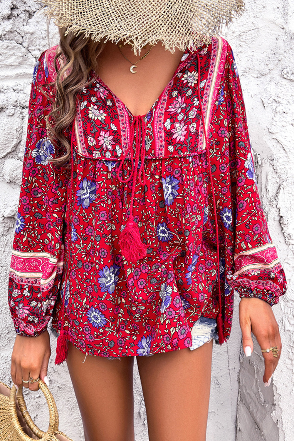 Blue Ethnic Print Tassel Tie Front Blouse