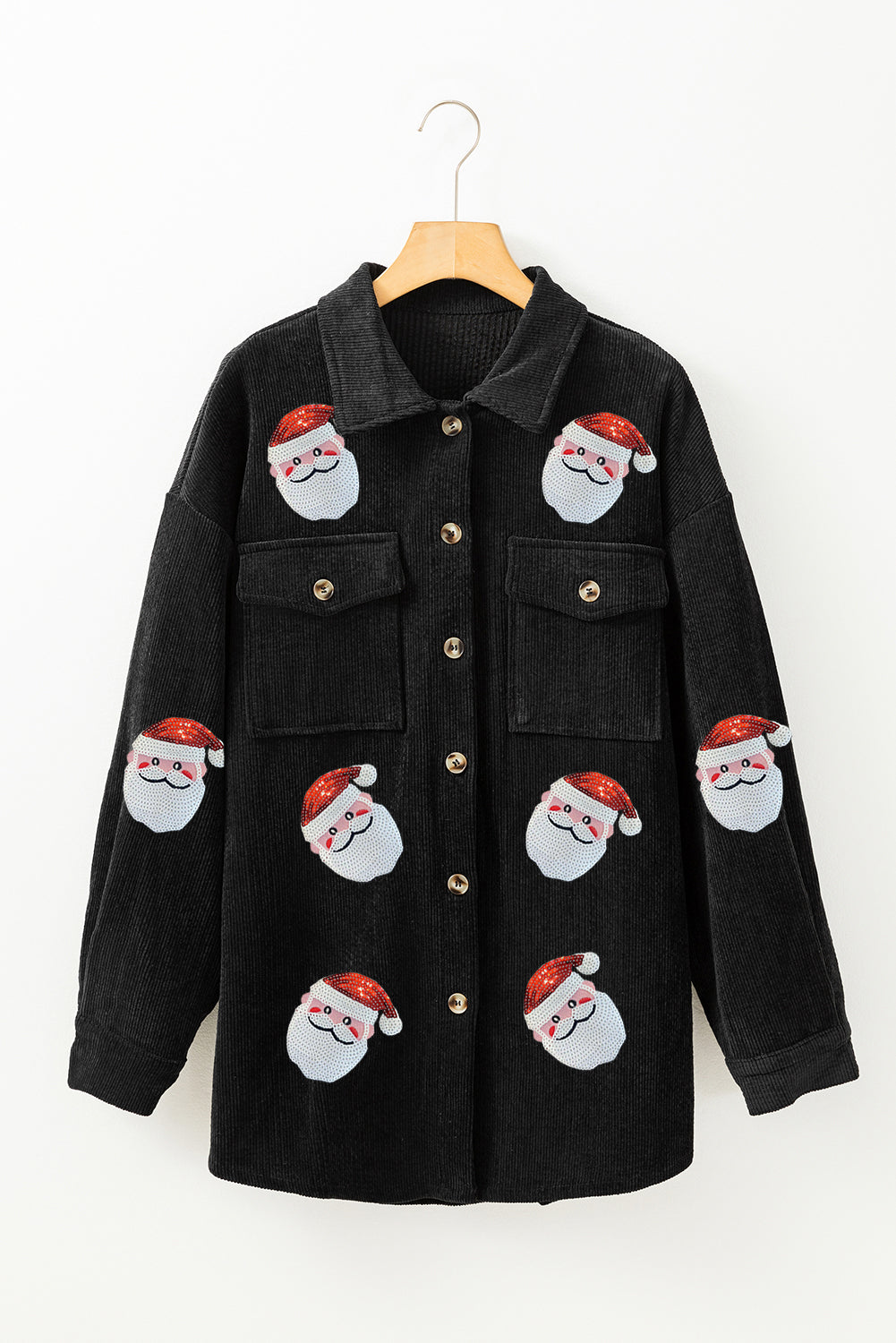 Black Sequin Father Christmas Graphic Button Down Ribbed Shacket